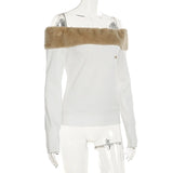 KYLETHOMASW  -  New fur spliced one neck slim embroidered T-shirt for sexy and slim women, backless sweatshirt