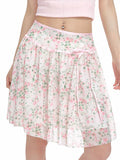 KYLETHOMASW  -  Sweet Pink Floral Print Chiffon Mini Skirt | High Waist Ribbon Tie Ruffle A-Line Skirt | Y2K Kawaii Summer Skirt for Women Lady