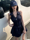 KYLETHOMASW  -  Y2K Dark Blue Denim Mini Dress Summer Women Sexy Halter Backless Corset Flared Short Vestidos Dating Party Clubwear Daily Casual