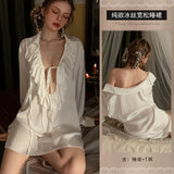 KYLETHOMASW  -  Women White Loose Guaze Long Dresses Fashion V Neck Ruffle Edge Pleated Hem Maxi Robes 2025 Spring Lady Street Daily Casual Wear