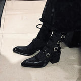 KYLETHOMASW  -  Leather Version Spicy Girl French Mary Jane Shoes Pointed Toe Thick Heel Fashion Boots Women's Short Boots New Shoes