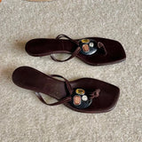 KYLETHOMASW  -  Summer New Women's Brown Flip Flops Square Toe Kitten Heel Rhinestone Inlaid Retro Casual Ladies Beach Outdoor Slippers
