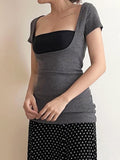 KYLETHOMASW  -  Fake two square neckline slimming short sleeved T-shirt with spicy girl temperament, backless and waist cinching bottom top
