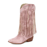 KYLETHOMASW  -  Women Fringe Western Boots Pink Sweet Embroidered Boots Brown Tassels Block Medium Heels Shoes Plus Size 48 Lady Winter