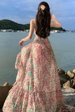 KYLETHOMASW  -  Sweet Hot Girl Pink Floral Dress Women's Spring/summer Holiday Backless Halter A-line Long Dress Fashion Female Clothes