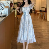 KYLETHOMASW  -  New Women's French Waist Cinched Dress Tea Break Style Summer Hepburn Slimming Knot Butterfly Long Skirt Korean Version