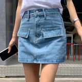 KYLETHOMASW  -  Fashion Elegant Solid Color Women's High Waisted Denim Short Skirt Retro Blue Washed Style Summer New