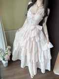 KYLETHOMASW  -  French Sweet Kawaii Pink Polka Dot Lace Bow Tiered Cami Maxi Dress For Women Girls High Waist Princess Vacation Party Daily Wear