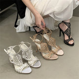 KYLETHOMASW  -  Designer Hollow Out Crystal Diamond Buckle Strap Woman Sandals Street Style Thin High Heels Striptease Shoes