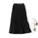 KYLETHOMASW  -  Fashion Office Ladies French Minimalist Leather Waist And Pleated Skirt Women A-line Midi Skirts Womens