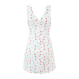 KYLETHOMASW  -  Sexy White With Red Cherry Print V neck Mini Tank Dress Women Slim Waist A-Lined Sleeveless Short Robe Holiday