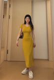 KYLETHOMASW  -  Summer Casual Cotton Midi Dress Women Elegant Solid Color Round Neck Slim Bodycon Dresses Korean High Street Vestidos ﻿270A