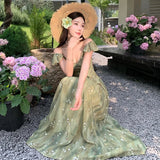 KYLETHOMASW  -  Elegnat Evening Party Wedding Birthday Dress for Women Summer V Neck Short Sleeve Print Floral Chiffon French Beach Long Dress