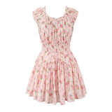 KYLETHOMASW  -  Sexy Pink Floral Print Elastic Slash Shoulder Dress Folded Elastic Waist Swing A-line Short Tank Robe Holiday Femme Vestidos