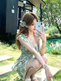 KYLETHOMASW  -  Women's Floral Print Ruffle One Piece Swimsuit French Style Tie Strap Beach Dress