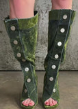KYLETHOMASW  -  Fashion Retro Style Green Denim Stiletto Heel Knee Boots Full Button Placket Tall Shaft Open Toe Design Casual Boots for Daily