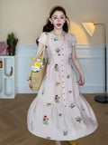 KYLETHOMASW  -  French Single Breasted Pink Long Dresses Women V Neck Short Sleeve A Line Dress Summer Chic Floral Print Vestidos 389A