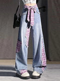KYLETHOMASW  -  Retro black bow strap checkered patchwork jeans for women's autumn and winter design, niche loose wide leg pants