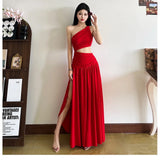KYLETHOMASW  -  Sexy Hollow Waistless Maxi Dress Women Skew Collar Off Shoulder High Splits Hem Summer Holiday Style Ruched Elegant Dress