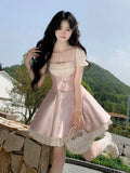 KYLETHOMASW  -  Sweet Lolita Mini Dress Women Pearl Lace Trim Bowknot Puff Sleeve High Waist Ruffle Princess Kawaii Japanese Fashion Daily Wear