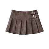 Kylethomasw   - Vintage Korean Retro High Street Pu Leather Low Waist Pleated Short Skirt Streetwear Fashion Skirt