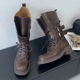 KYLETHOMASW  -  Retro Round Toe Lace-up Mid-calf Boots Women Fashion Belt Buckle Thick Bottom Platform Boots Comfort Non-slip Outdoor Biker Boot