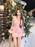 KYLETHOMASW  -  Korean Sweet Sexy Slim 2 Piece Skirt Suits Female Fairy Bodycon Faux Fur T Shirt＋High Waist Lace Tight Skirt Autumn Skirt Sets