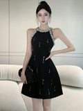 KYLETHOMASW  -  Summer Women's Mini Dress Luxury Fashion Black O-neck Shine Diamond Beading Slim Gown Femme Evening Party Banquet Runway