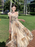 KYLETHOMASW  -  Floral Prints Midi Dresses for Women Vintage Fashion Elegant French Clothing Casual Holiday Beach Party Summer New