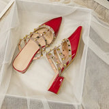 Kylethomasw Rivet Pointed Toe Mule Slippers Women Low Heel Fashion Brand Design Sandals Female Size 35-43 Red Sexy Studded Sandals Women