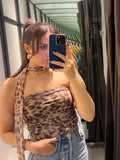 Kylethomasw Women's Summer Sexy Halter Leopard Print Tube Top Fashion Off-Shoulder Ruched Tops Female Vintage Slim Cropped Top