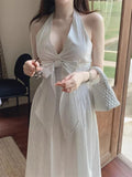 KYLETHOMASW  -  French Vacation Style Hanging Neck Striped Vest Dress Women Summer New Design Butterfly Bow Long Dresses