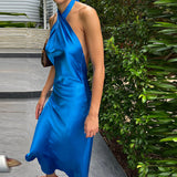 KYLETHOMASW  -  Elegant Satin Maxi Dresses For Women Birthday Party Sexy Chest Wrap Backless Bandage Halter Long Dress Club Evening Robe Summer