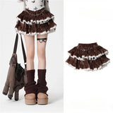 KYLETHOMASW  -  Brown Sweet Corduroy Skirt Women Korean Style Kawaii Cake Mini Skirt Black Lace Spliced High Waist Ruffle Short Skirts