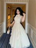 Kylethomasw 2024 New Strapless Sleeveless White Chiffon Long Dress Women French Retro Fairy Tale Princess Dress Elegant Ruffled Fluffy Dress