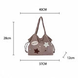 KYLETHOMASW  -  Women Cute Plaid Canvas Tote Bag Star Patch Shoulder Handbag Large Capacity Casual Student Shopping Bag Side Drawstring Design