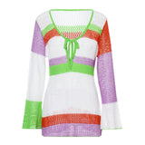KYLETHOMASW  -  Women Knit Dress Long Sleeve V Neck Hollow Out Mini Dress Summer Fall Bohemian Beach Dresses Y2K See through Cover-ups