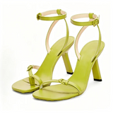 KYLETHOMASW  -  New Women Leather Heeled Sandals Single Thin Band Square Toe Ankle Buckle Stilettos Rhinestone Decor