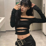 Kylethomasw Vintage Hollow Sexy Slim All Match Long-sleeved T-shirt Women 2024 Summer New Streetwear Strapless Casual Black Crop Tops