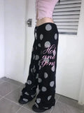 KYLETHOMASW  -  Polka Dot Drawstring Wide Leg Trousers Harajuku Letter Printing Straight Pants Y2k Aesthetic Vintage Casual Pantalones Women