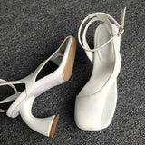 KYLETHOMASW  -  Women's Leather Sandals Square Toe Ankle Strap Chunky Heel Elegant Party Evening Shoes Fashionable Summer Footwear