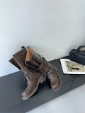 KYLETHOMASW  -  Retro Round Toe Lace-up Mid-calf Boots Women Fashion Belt Buckle Thick Bottom Platform Boots Comfort Non-slip Outdoor Biker Boot