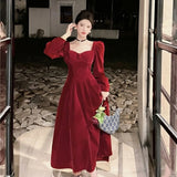 KYLETHOMASW  -  Vintage Elegant Velvet Long Dress for Woman Autumn New Square Collar Puff Sleeves A Line Party Dresses Party Evening Vestidos