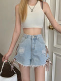 KYLETHOMASW  -  Lace Up Blue Denim Women Shorts Kawaii High Waist Hole Booty Shorts Summer Japanese Style Cutecore Aesthetic Clothes New