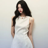 KYLETHOMASW  -  Dress for Women Summer High-end Designed Advanced Simple Casual White Round Neck Vest Colored Embroidered Waist Sleeveless Dress