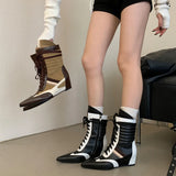 KYLETHOMASW  -  Black And White Boots Women Pointed Toe Lace Up Sports Style Wedges Shoe Fall Mid-calf Boots Comfort High Heels New Arrivals