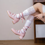 KYLETHOMASW  -  New Women's Coarse Heels Pink Cross Tie High Heels girl Ballet Shoes Elegant Silk Lolita Single Shoes