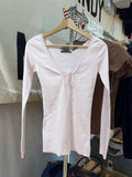 KYLETHOMASW  -  Lace Trim Pink Long Sleeve T-shirt Spring Sexy Bandage V-neck Cotton Slim Tshirt Top Casual Simple Sweet Cute Woman's Tees New