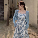KYLETHOMASW  -  Autumn 2PCS Sexy Spaghetti Strap Print Dress for Women A-line Long Dress Slim Fit Temperament Elegant Vacation Beach Dress
