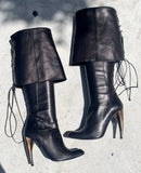 KYLETHOMASW  -  Women White Fold‑Over Knee High Boots Pointed Toe Curved Heel Back Lace‑Up Tie Design Western Style Elegant Fashion Boots